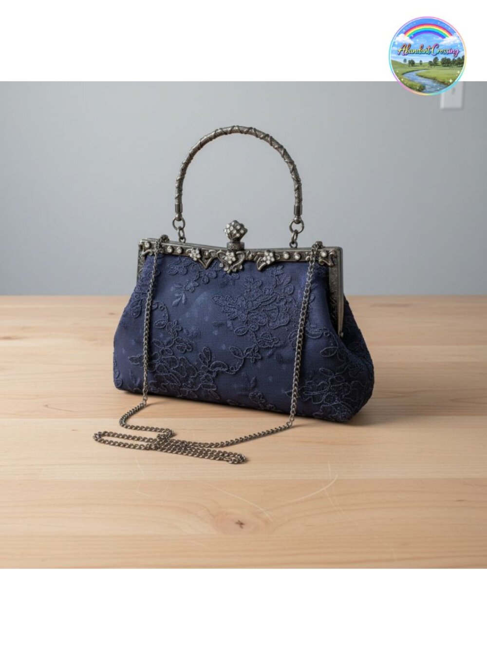 Lace Floral Clutch Evening Bag Metal Handle Detachable Chain Formal Purse